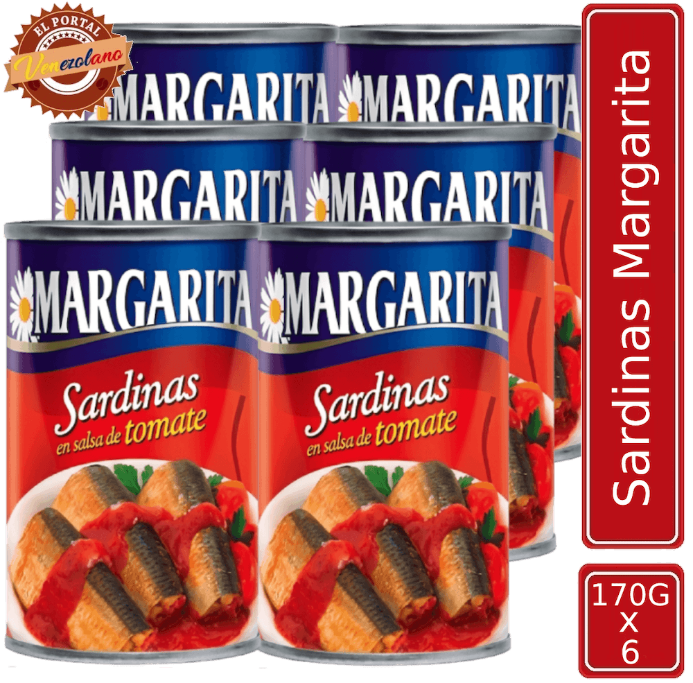 Pack de 6 sardina Margaritas 170g en salsa de tomate venezolana, disponible en Colombia