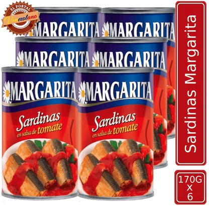 Pack de 6 sardina Margaritas 170g en salsa de tomate venezolana, disponible en Colombia