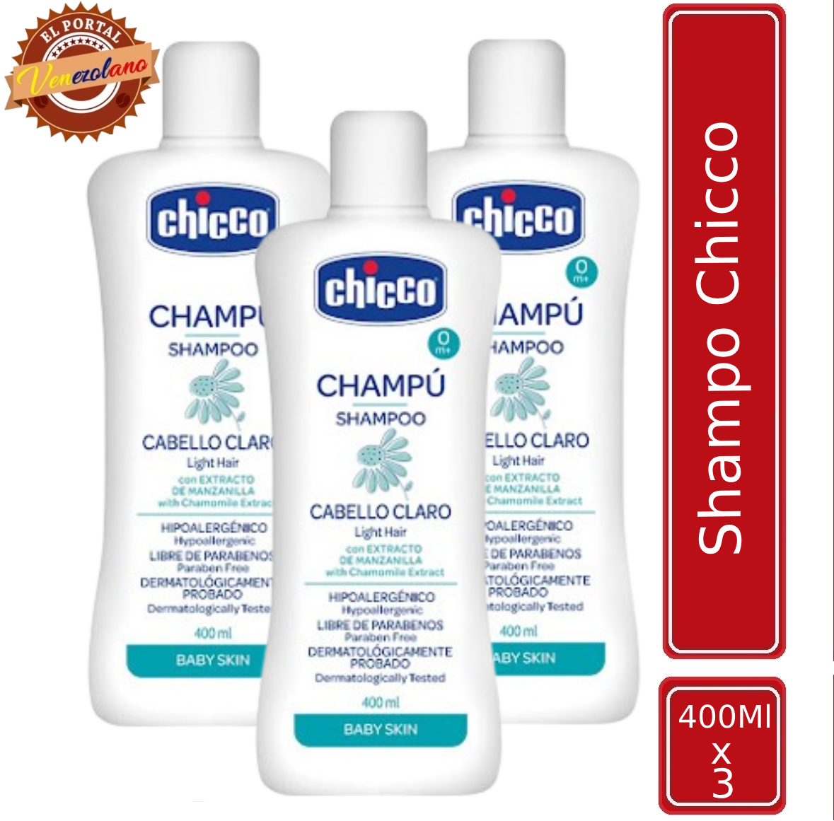 Pack de 3 shampoo para bebés Chicco cabello claro venezolano, disponible en Colombia