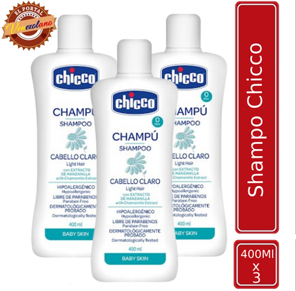 Pack de 3 shampoo para bebés Chicco cabello claro venezolano, disponible en Colombia