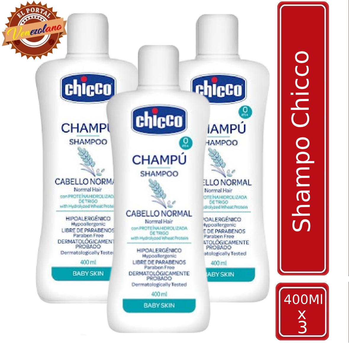 Pack de 3 shampoo para bebés Chicco cabello normal venezolano, disponible en Colombia