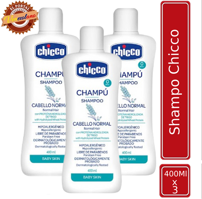 Pack de 3 shampoo para bebés Chicco cabello normal venezolano, disponible en Colombia