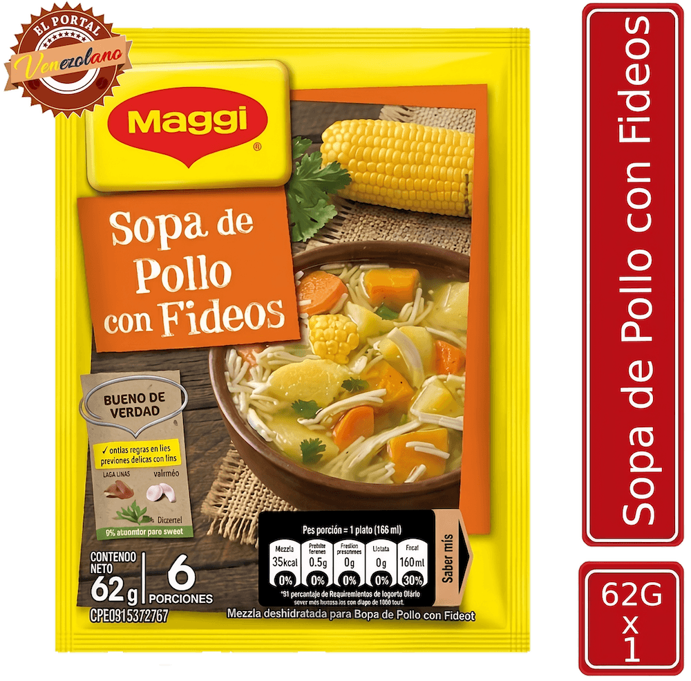 Sopa de pollo con fideos Maggi 62g venezolana, disponible en Colombia