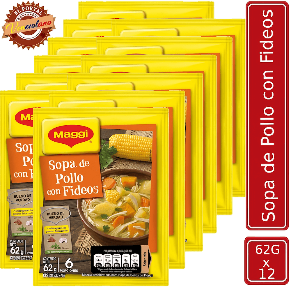 Pack de 12 sopa Maggi 62g venezolana, disponible en Colombia