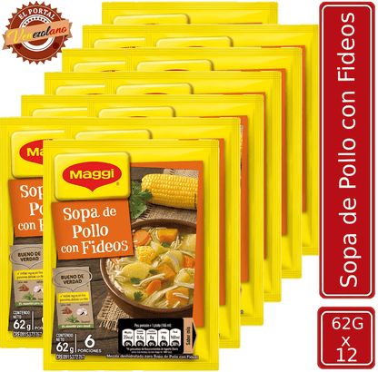 Pack de 12 sopa Maggi 62g venezolana, disponible en Colombia