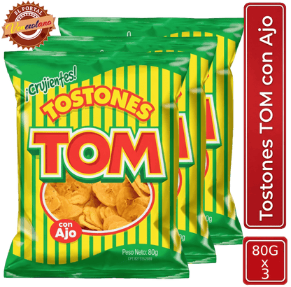 Pack de 3 Tostón Tom 80g venezolano, disponible en Colombia