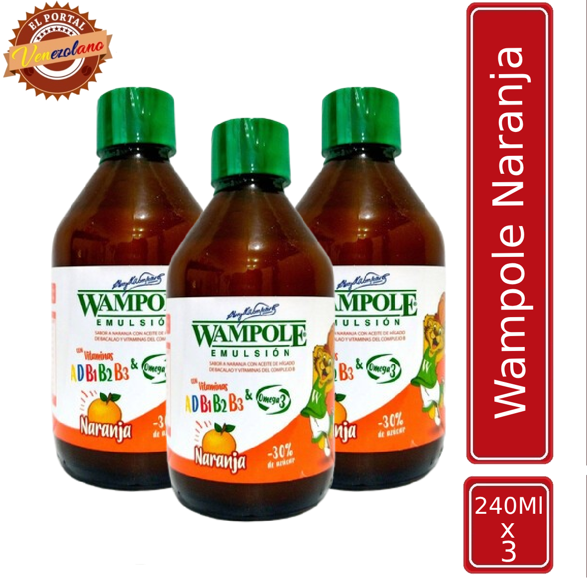 Pack de 3 Wampole de naranja 240 ml venezolano, disponible en Colombia