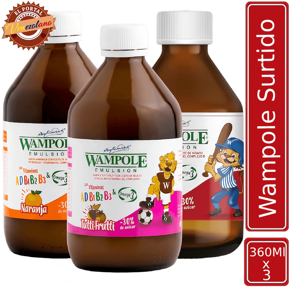 Pack de 3 Wampole surtido naranja, fresa y tutti frutti 360 ml venezolano, disponible en Colombia