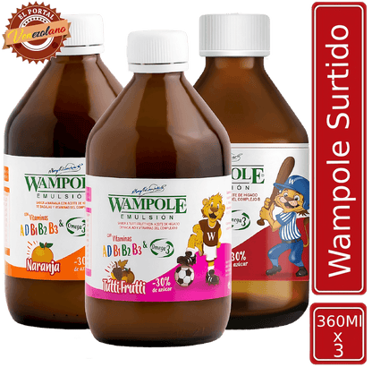 Pack de 3 Wampole surtido naranja, fresa y tutti frutti 360 ml venezolano, disponible en Colombia