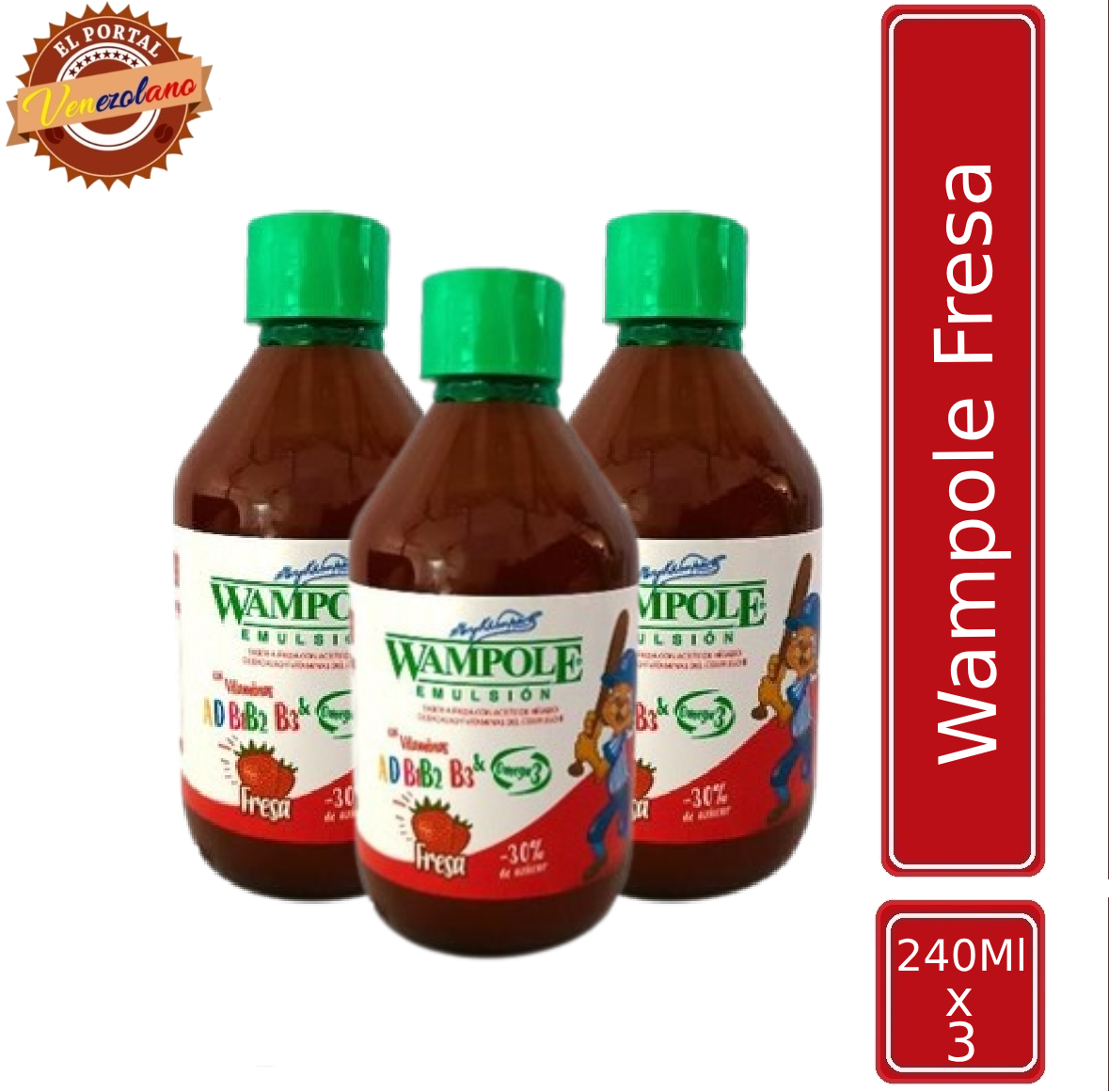 Pack de 3 Wampole de fresa 240 ml venezolano, disponible en Colombia